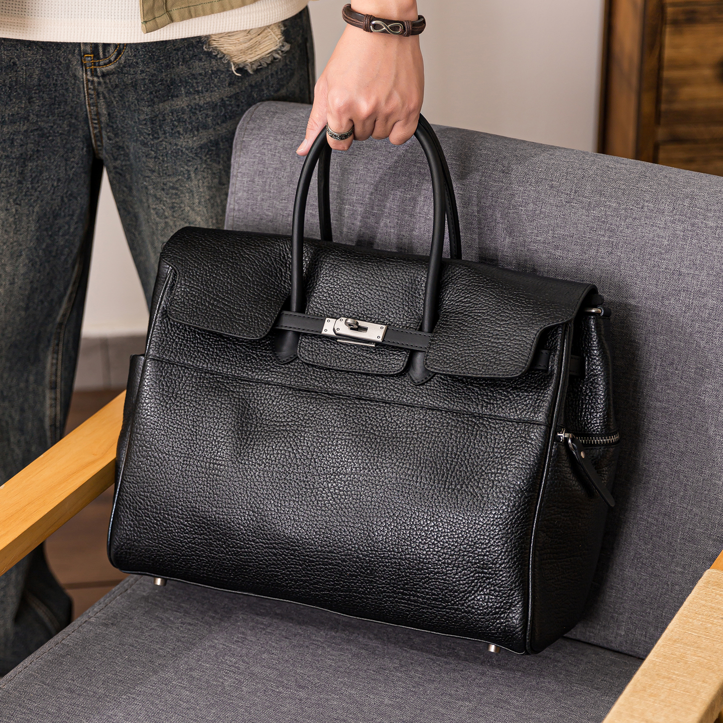 后步男士轻奢真皮铂金包手提包行李袋大容量牛皮短途旅行包斜挎包