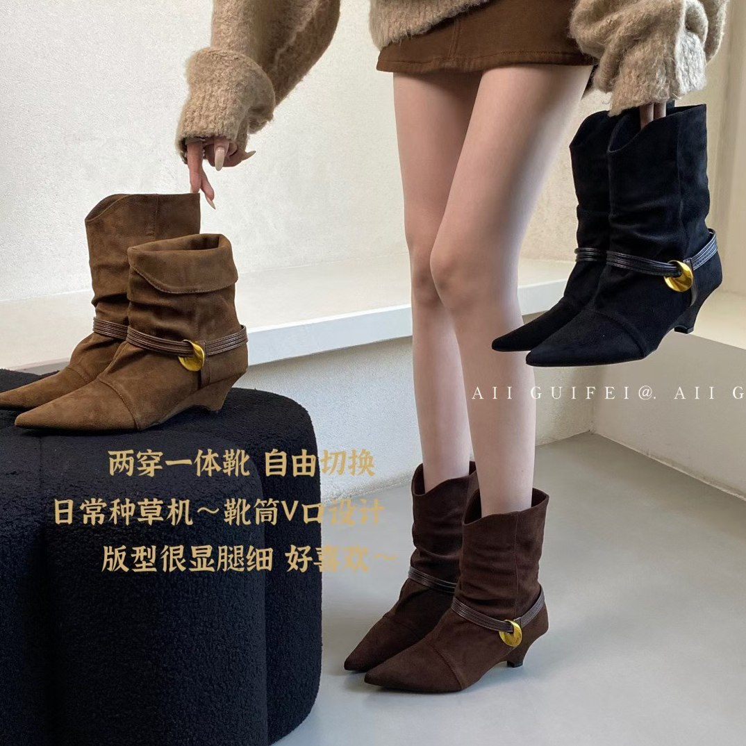 513-3时尚尖头坡跟绒面短靴气质复古时装靴西部牛仔堆堆靴骑士靴