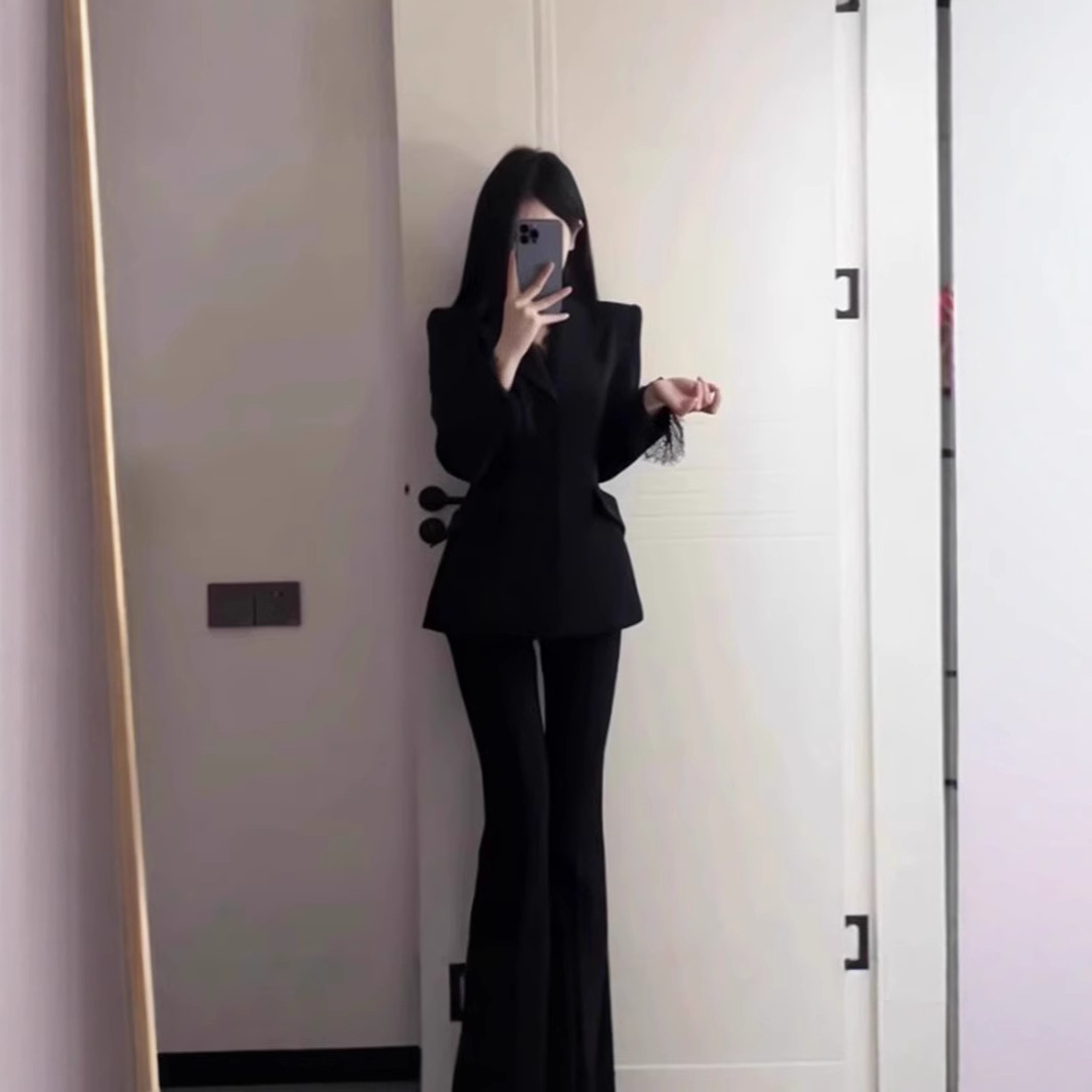 黑色蕾丝西装女春秋职业气质女装套装轻奢高级感女人味西服两件套