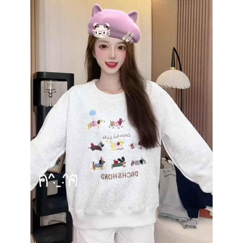 刺绣圆领卫衣女无帽秋冬季加绒加厚大码胖mm宽松显瘦超好看上衣服