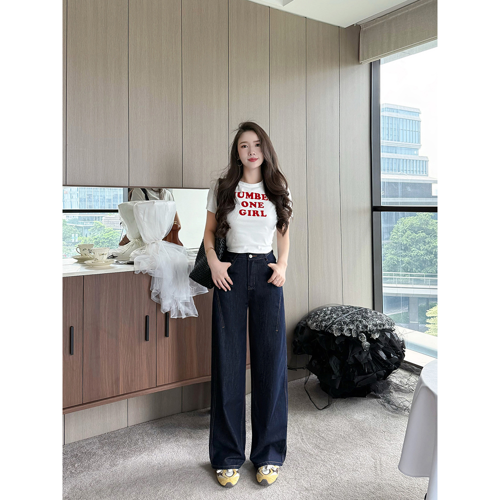 missrococo/洛可可小姐2025夏款丹宁色窄版弯刀阔腿显瘦牛仔裤女