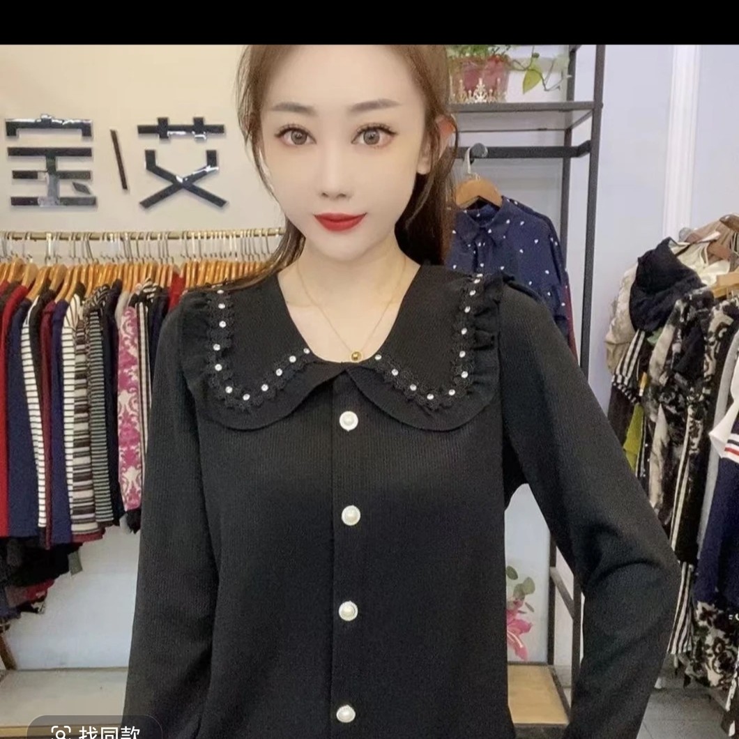 潇潇家～极简风长袖V领速干娃娃领铆钉T恤减龄蕾丝网红显瘦7120