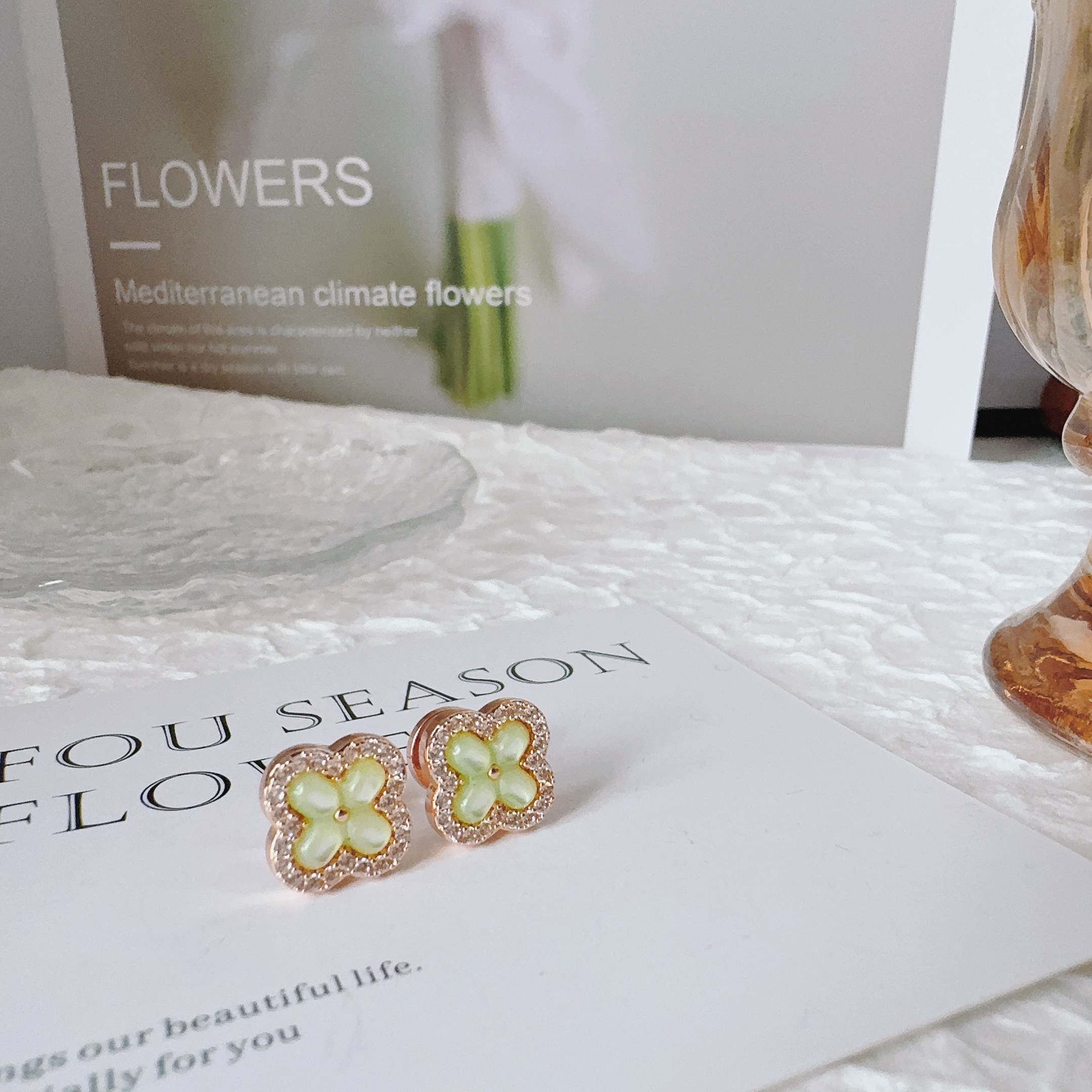 铜合金耳饰 4065 绿色四叶草微镶耳钉