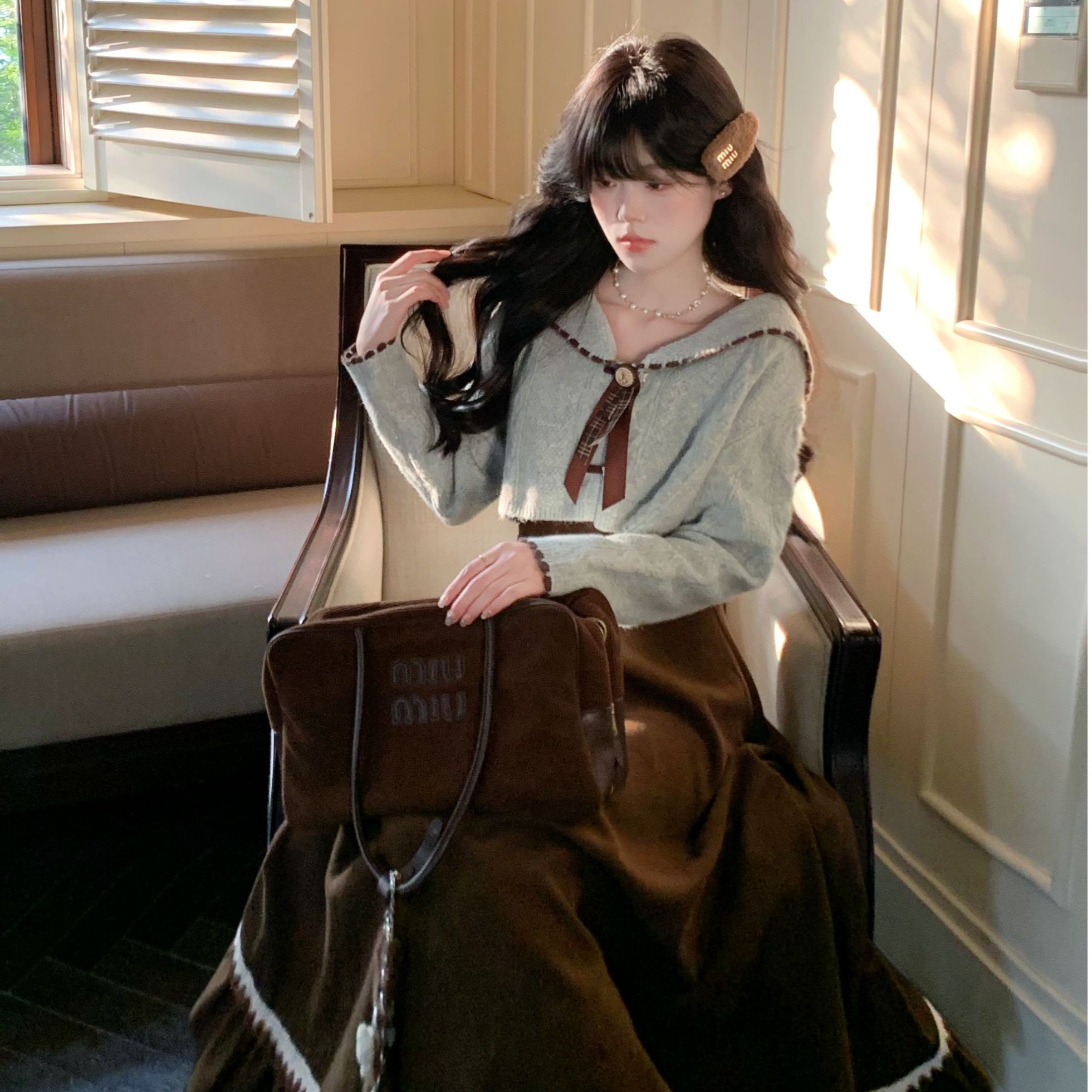 Blovelan焦糖玛奇朵 复古美拉德吊带裙+学院风海军领针织毛衣套装