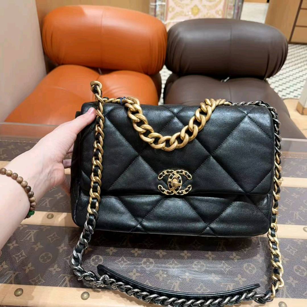 99新 Chanel/香奈儿 19bag 中号黑金手提单肩斜挎包!芯片款！