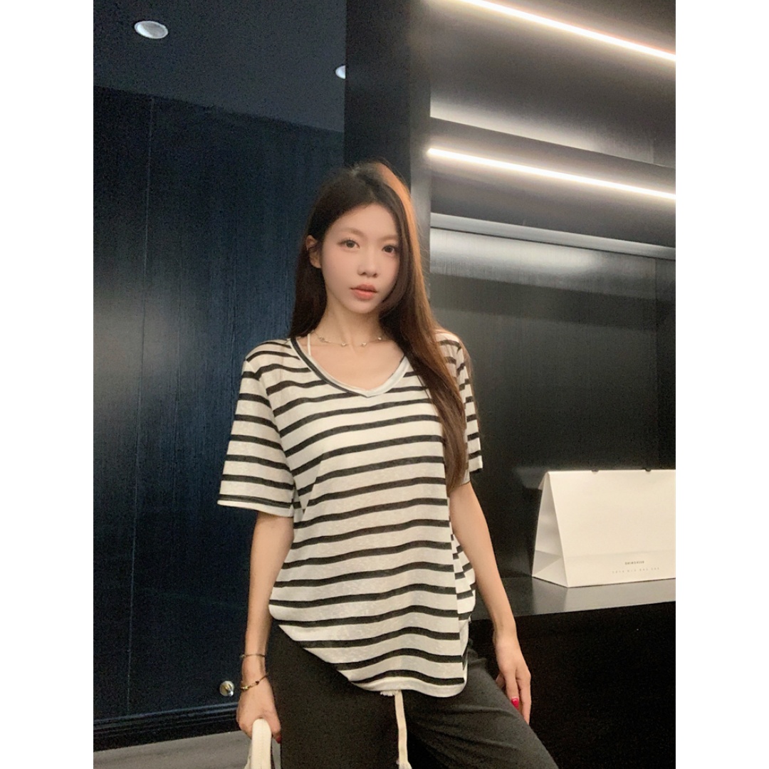 舒适老钱V领毛边简约纯色短袖tee  60123