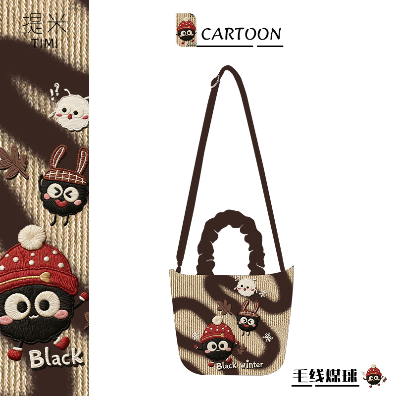 小红帽毛线煤球原创可爱手提单肩可斜挎长水桶女士帆布包百搭