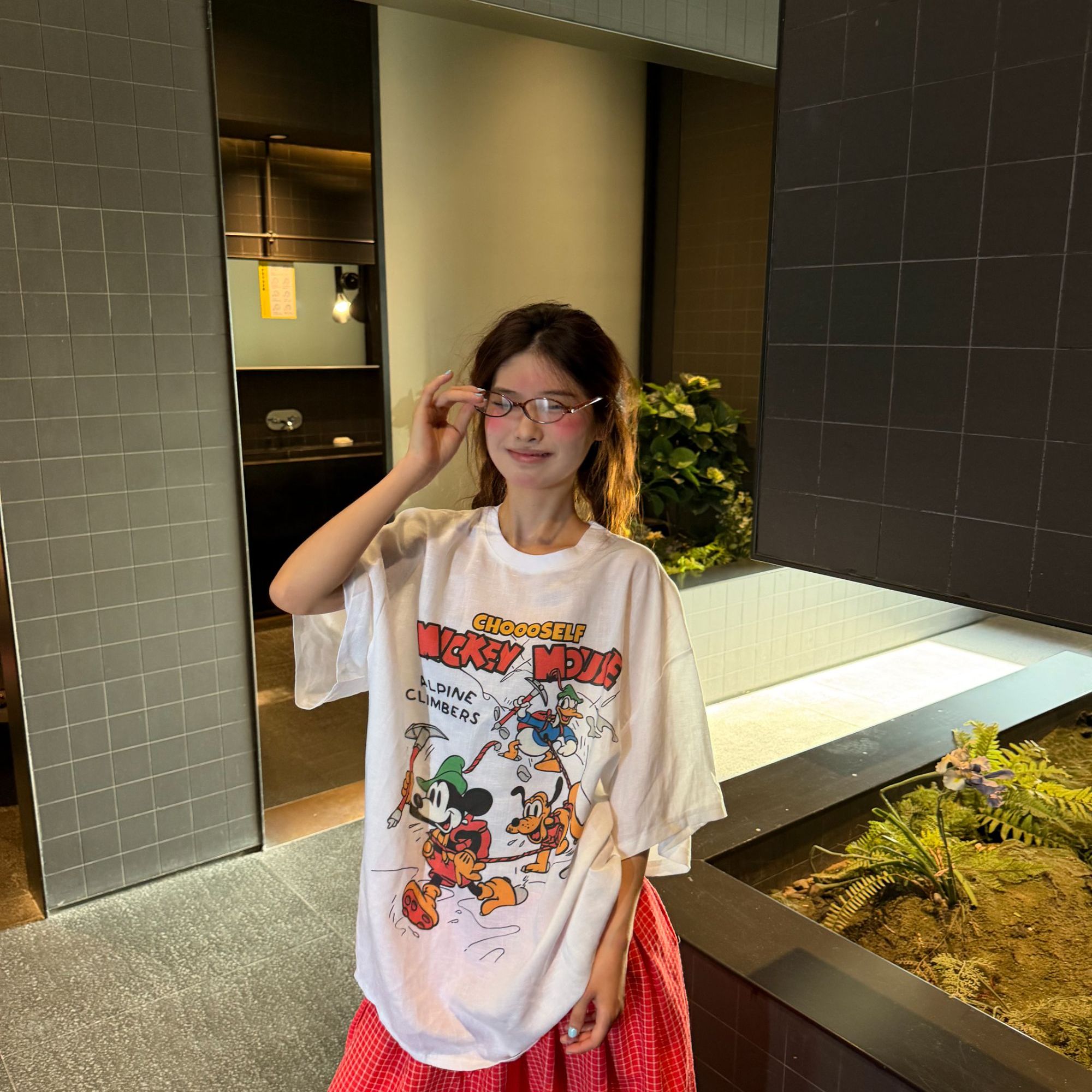 米奇-搞把卡通印花汉麻新款夏季韩系宽松短袖T恤女百搭休闲上衣