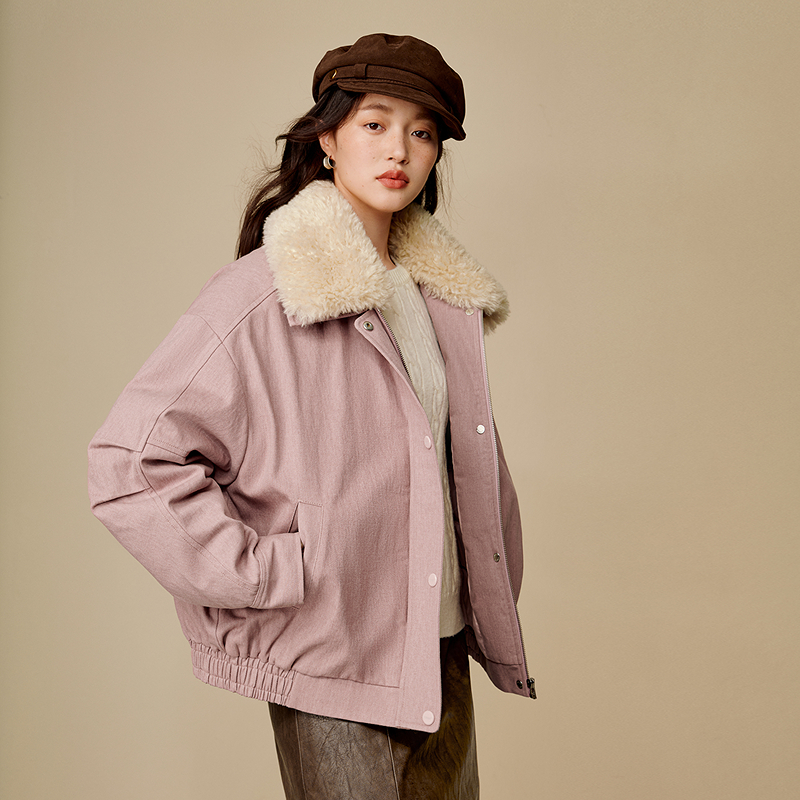 【流光风穿搭】茵曼25冬季水洗仿牛仔夹克羽绒服短款羊羔毛翻领外套