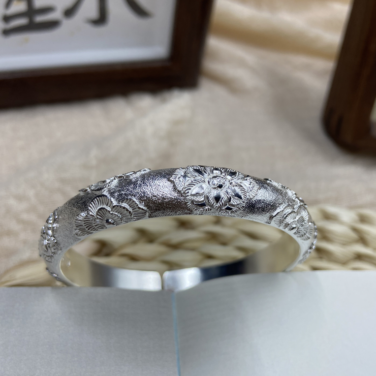 足银手镯 宝相花高浮雕足银手镯纯手工定制不退换