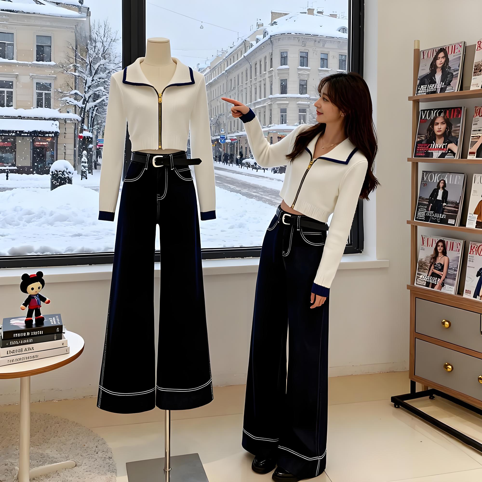 2025秋季新款韩系气质百搭毛衣针织开衫高腰直筒牛仔裤两件套爆款