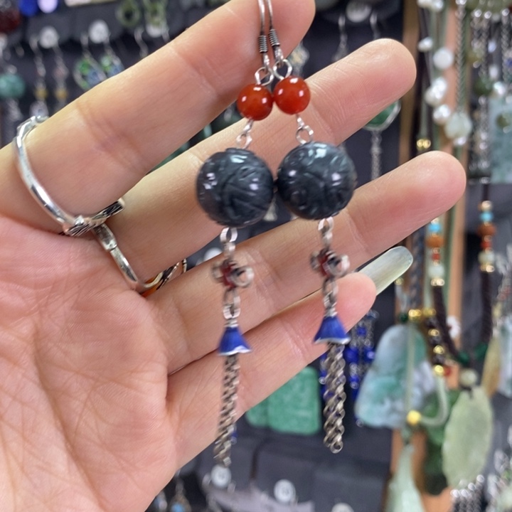 翡翠耳饰银S925镶嵌耳坠