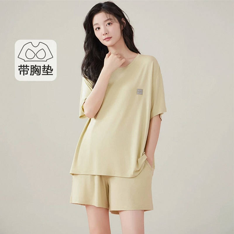带胸垫莫代尔睡衣女夏季短袖短裤凉感薄款休闲宽松夏天家居服套装