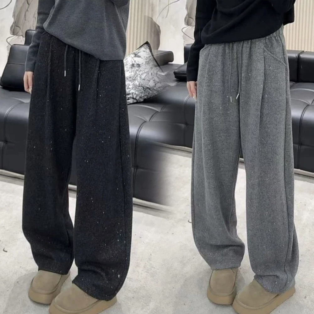 孕妇黑色亮丝细闪阔腿裤2025秋冬款加绒加厚松紧腰抽绳显瘦弯刀裤