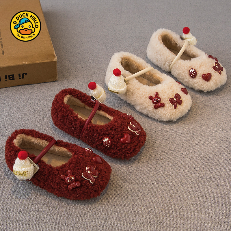 小黄鸭儿童公主鞋女童秋冬加绒毛毛鞋2025软底公主鞋二棉鞋宝宝鞋