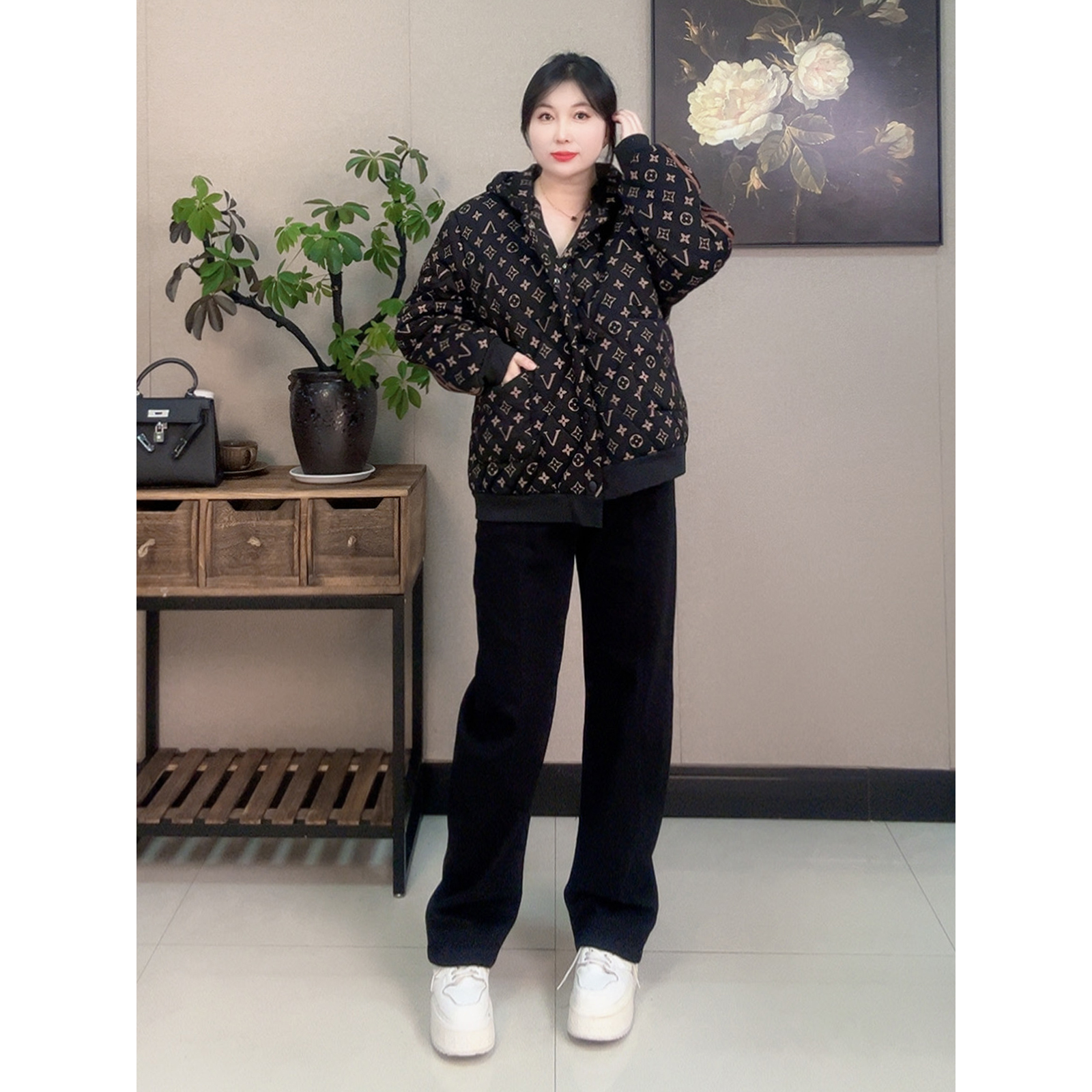 【胡小肥】12秋冬时尚大码短款棉服2951气质百搭印花连帽新款设计感