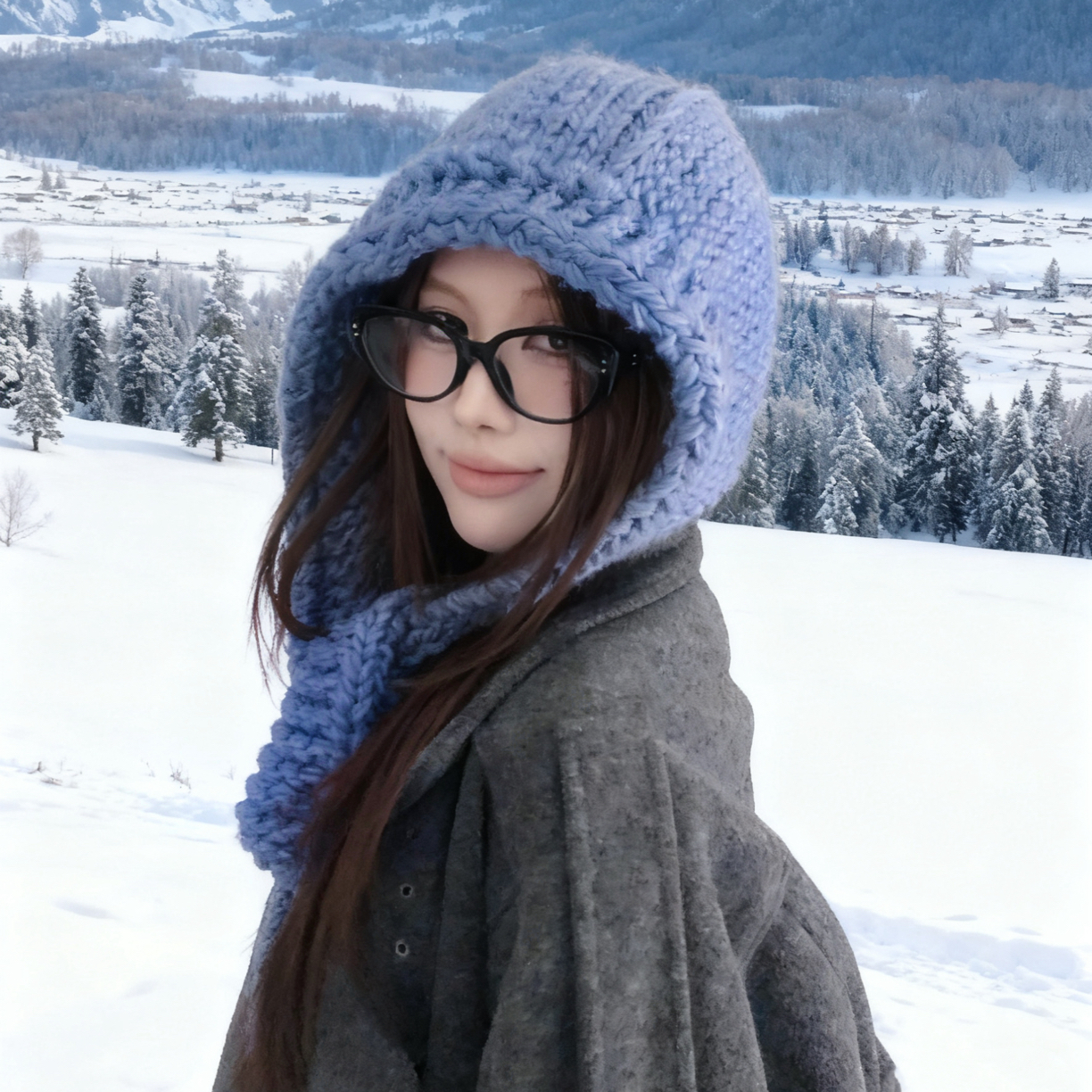 阿勒泰雪景出片韩版巴拉克拉法帽秋冬保暖护耳大头围针织毛线帽