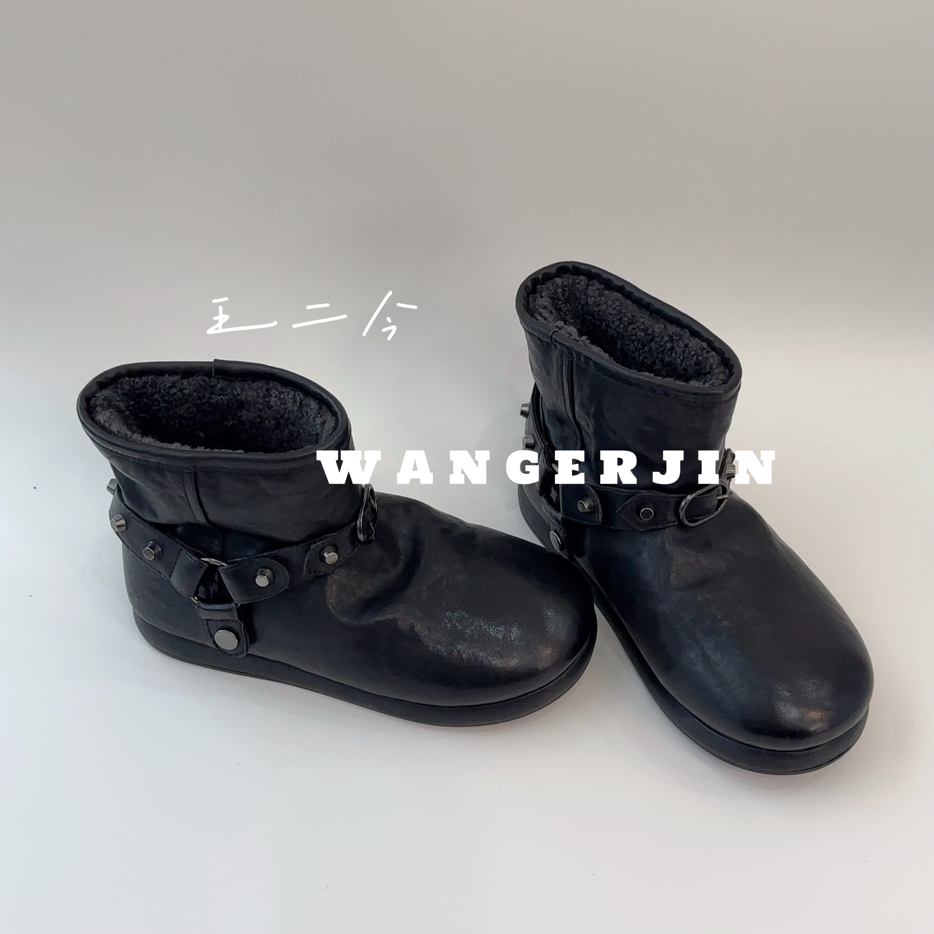 王二今/牛皮/3CM/厚底增高皮毛一体铆钉切尔西靴时装雪地短靴女