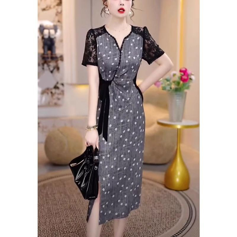 B987 波点V领侧开叉包臀连衣裙子女士夏季新款礼服裙妈妈高级感