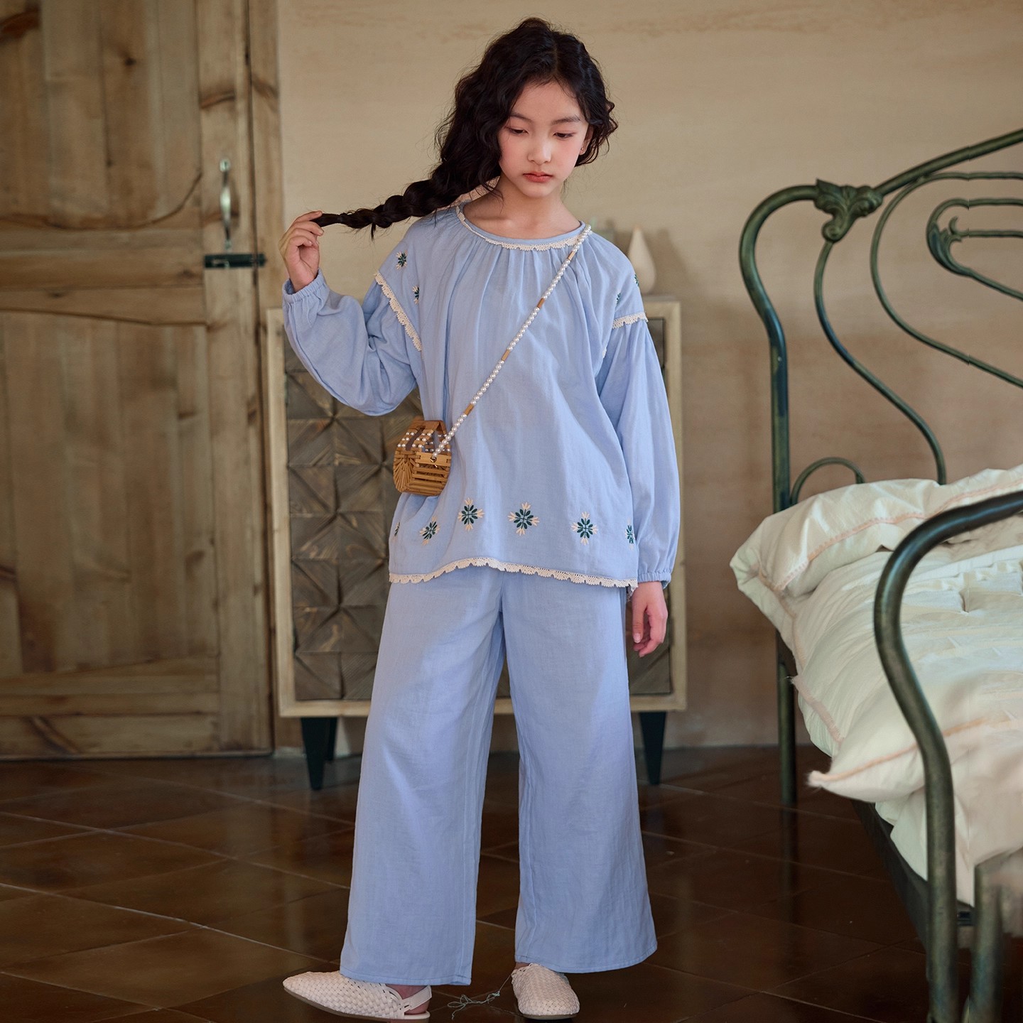 女童纯棉a类纱布家居服女孩春秋季长袖薄款儿童睡衣套装夏季绣花