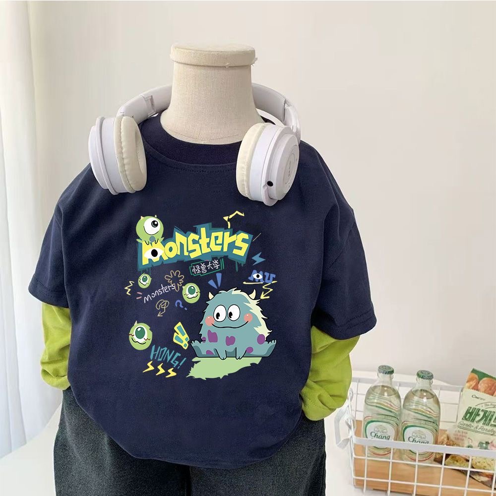 中小童潮流款假两件春秋款长袖上衣女男童可爱小怪兽印花打底T恤