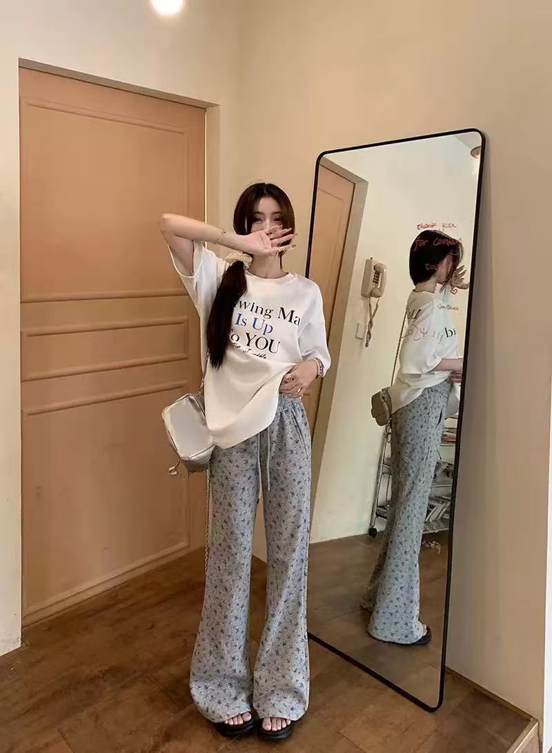 9878秋季新款美式复古碎花宽松休闲直筒抽绳设计感百搭休闲裤