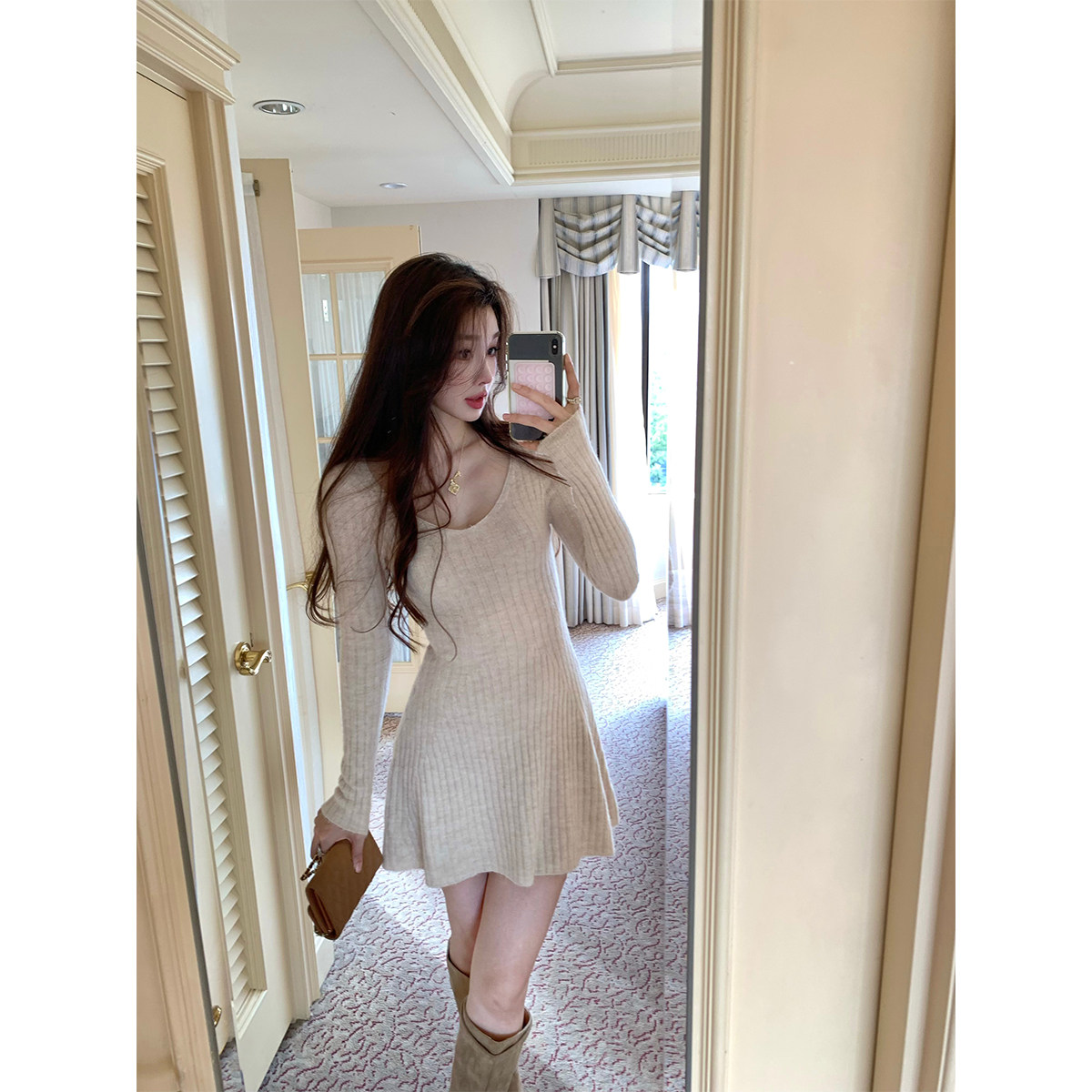 ACHI大也池◆娇憨千金 羊毛白色针织连衣裙气质长袖收腰a字裙子