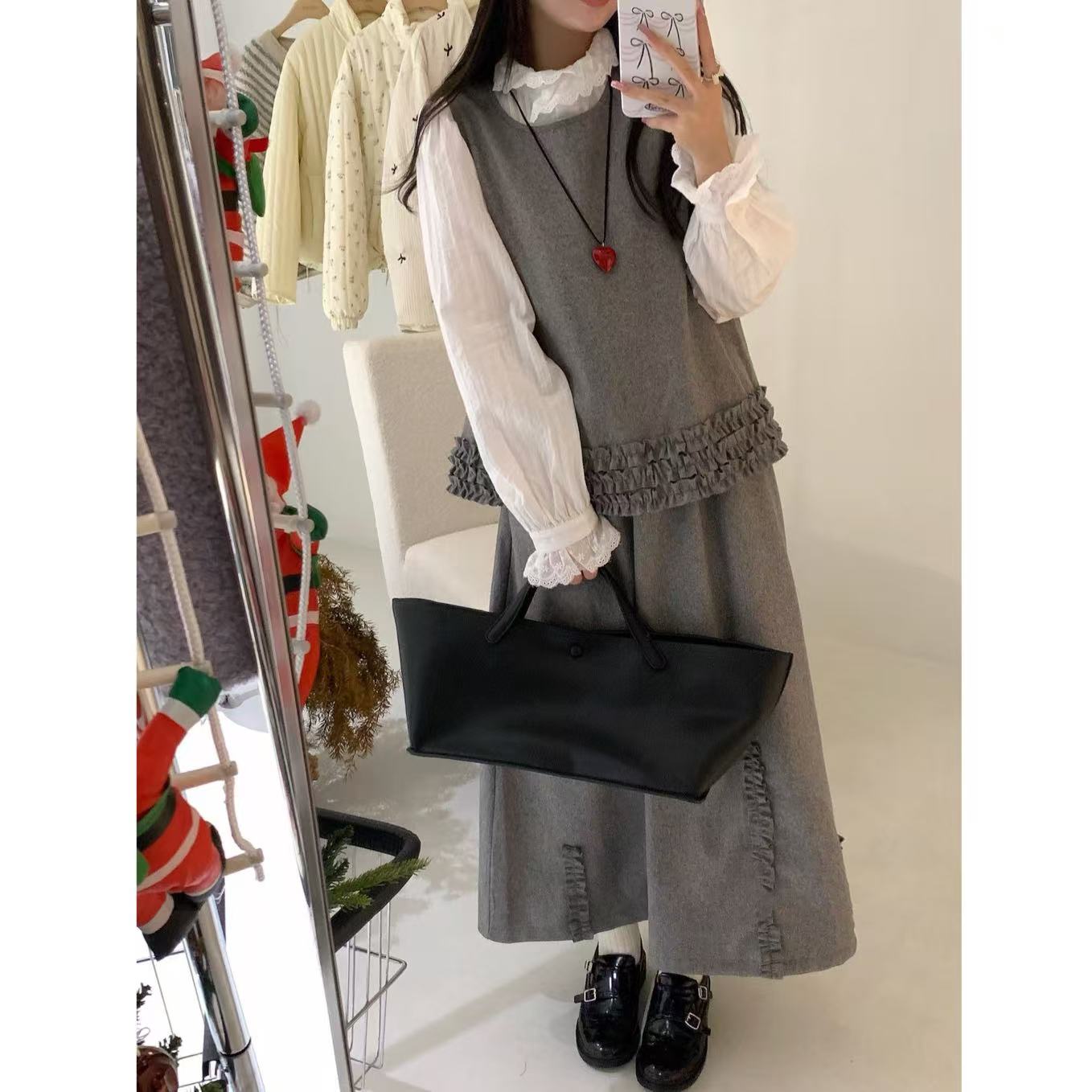 韩系木耳边背心+半身裙套装9588