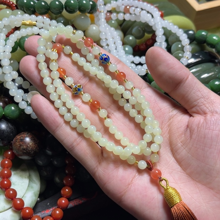 和田玉黄白老玉卡6多圈手串手链精选108粒毛衣链设计款细料无结构