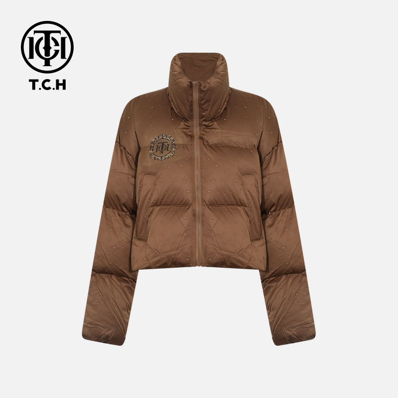 TCH私服烫钻简约百搭复古老钱风立领羽绒外套女秋冬款T75D19E1002