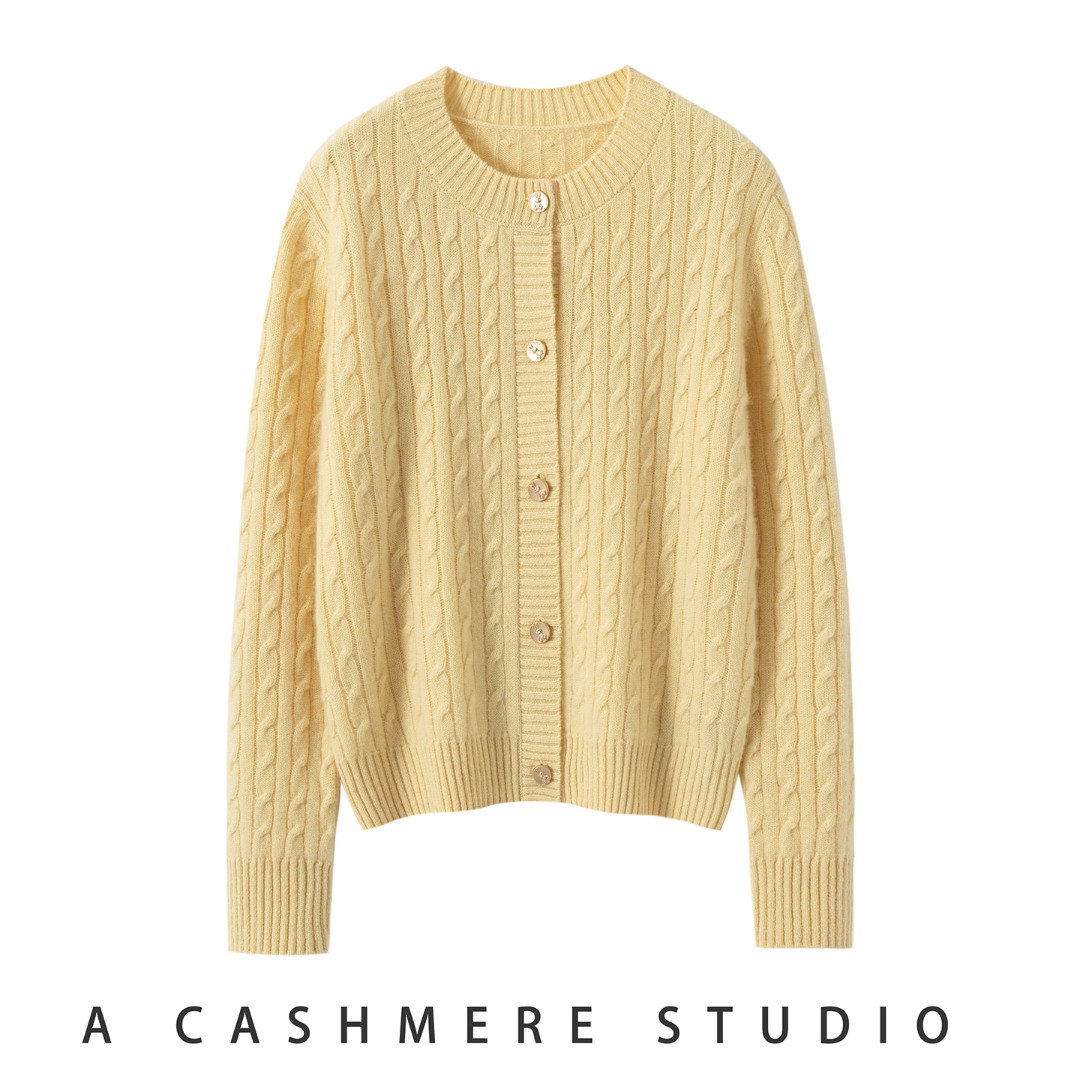 100%纯山羊绒064宽松型针织绞花女开衫复古休闲加厚纯色百搭毛衣