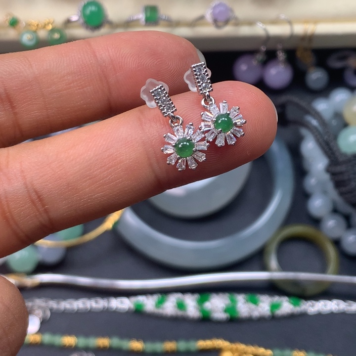 翡翠银S925镶嵌耳饰耳钉