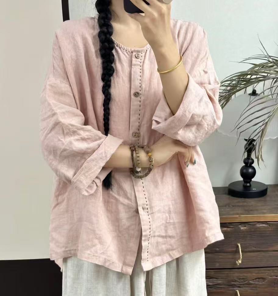 爱麻吖 薄亚麻重工明线文艺开衫外套（衣长65胸围134）