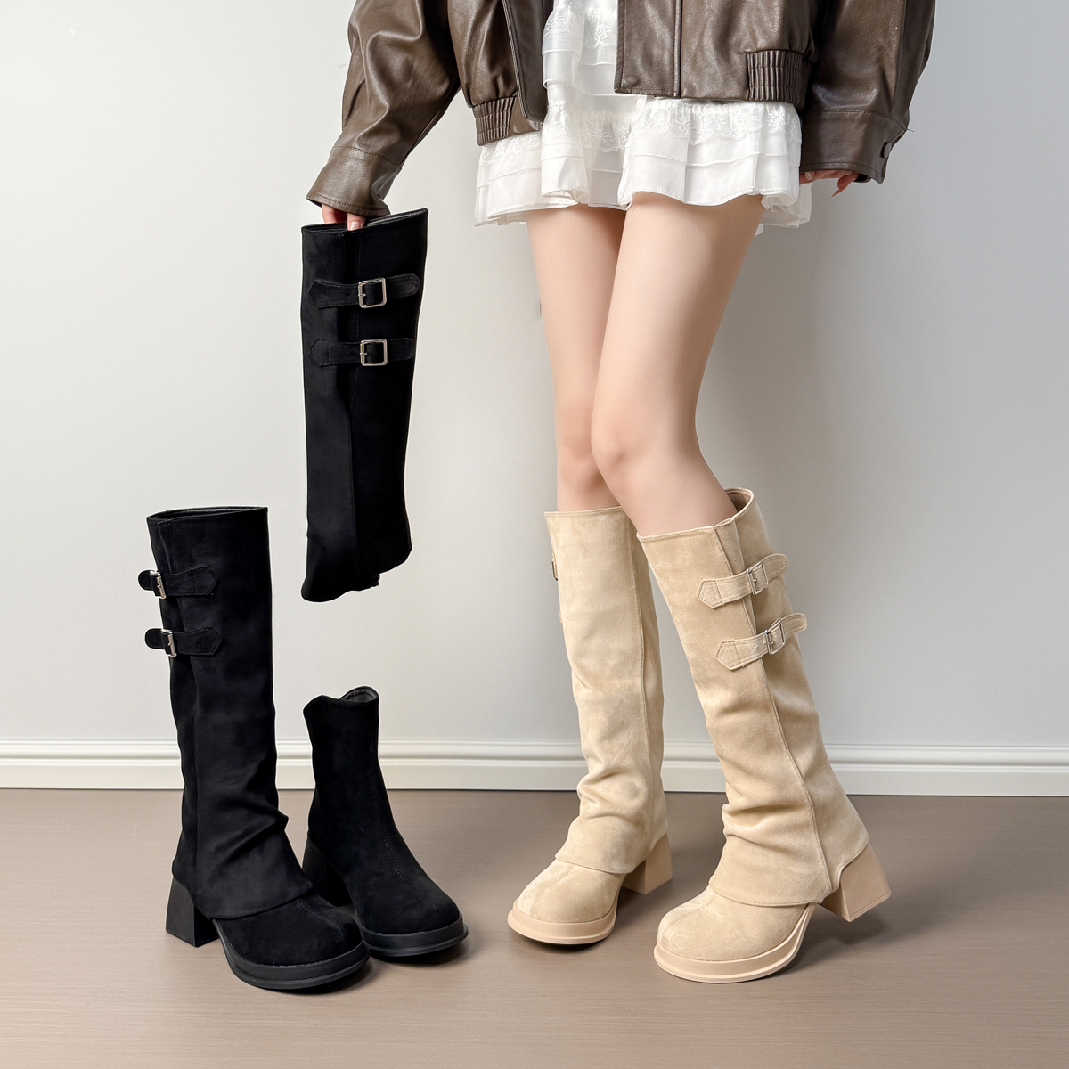 大筒围复古裤管靴厚底粗跟高跟高筒堆堆靴两穿短筒靴可拆卸长靴
