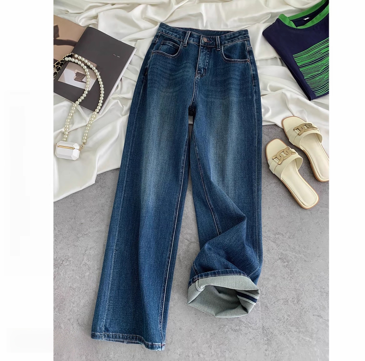 1623-显瘦牛仔裤女25年秋冬季搭配舒适中高腰猫须水洗阔腿裤