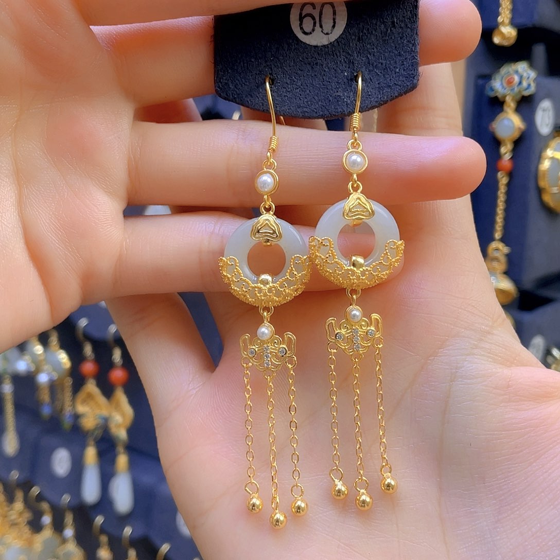 和田玉耳饰银S925镀金镶嵌