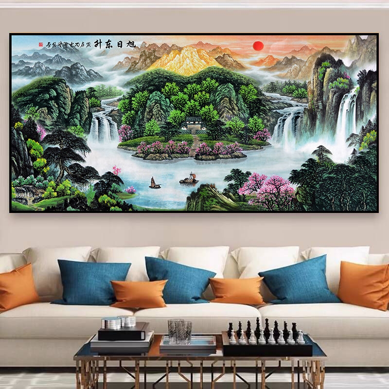 旭日东升聚宝盆流水生财山水风景客厅办公室大厅中堂背景挂画