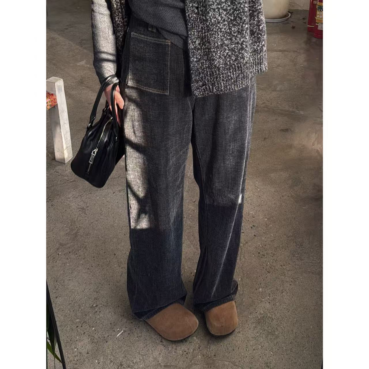 晶咕佳佳【雪尼尔羽纱】雪花感平口袋牛仔阔腿长裤时尚休闲复古高腰