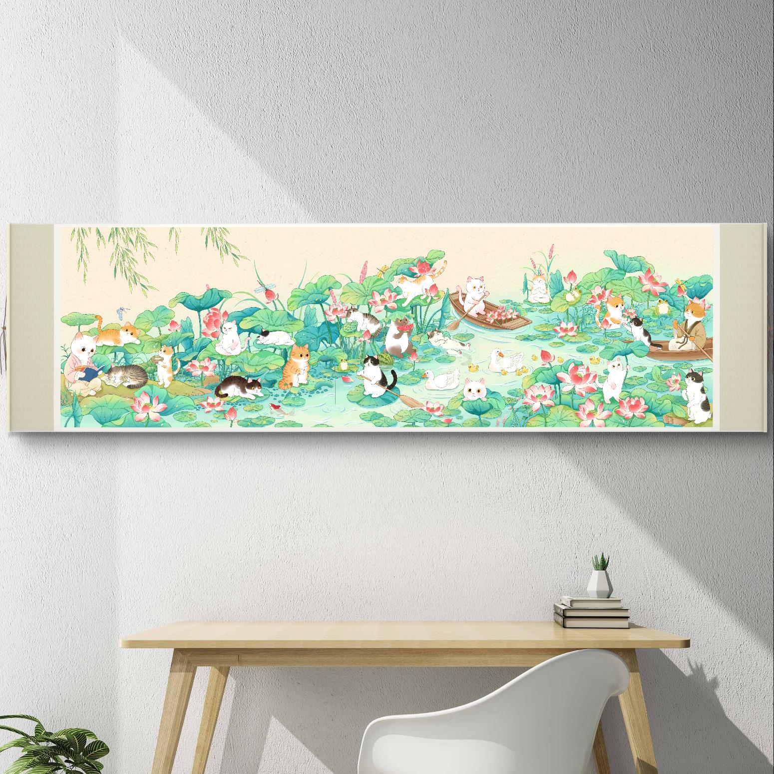 新疆长绒棉布 喵戏荷塘205*70大格64色十字绣（精准印花）裸包无工