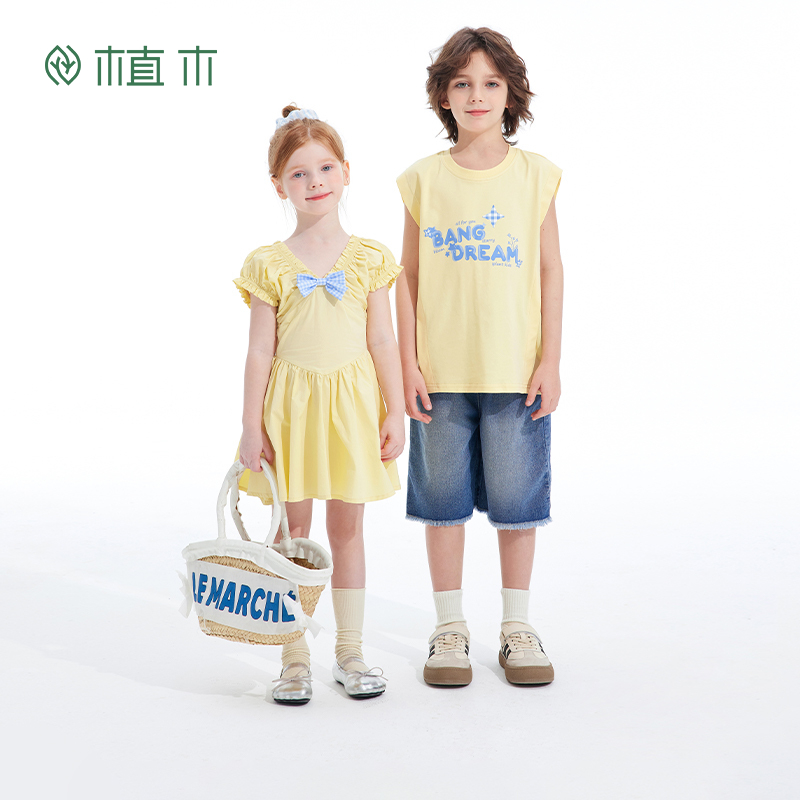 植木童装男童背心2025夏季新款中大童棉质圆领无袖上衣25D006272