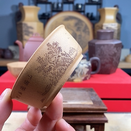 紫砂茶杯紫砂山水杯花泥