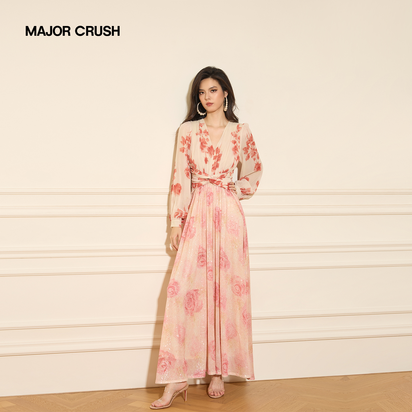 MAJOR CRUSH秋季梅落南山高腰拼接设计减龄粉色玫瑰连衣裙7188