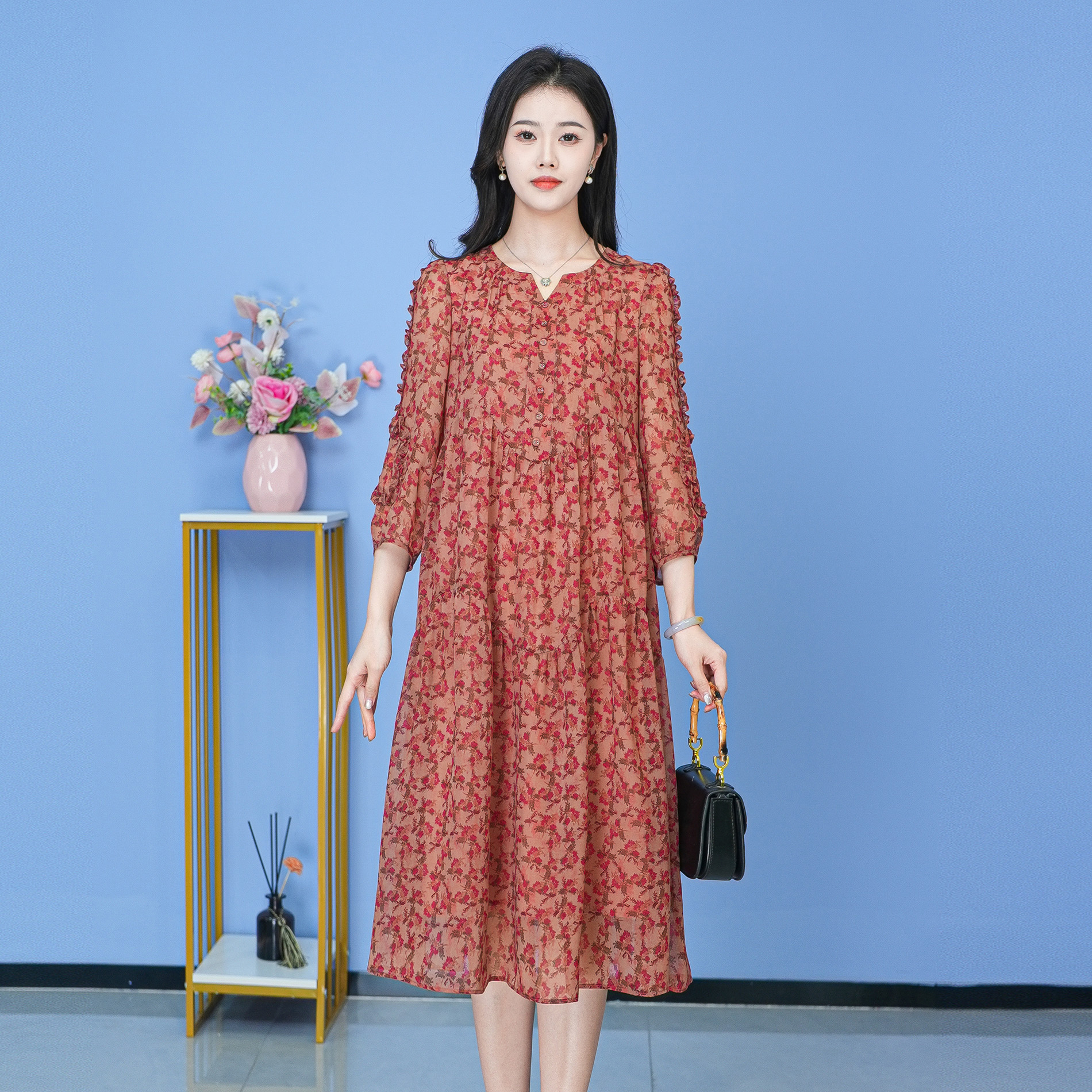 【SJYF1902】春季新款连衣裙中长款气质中式收腰印花修身女装连衣裙