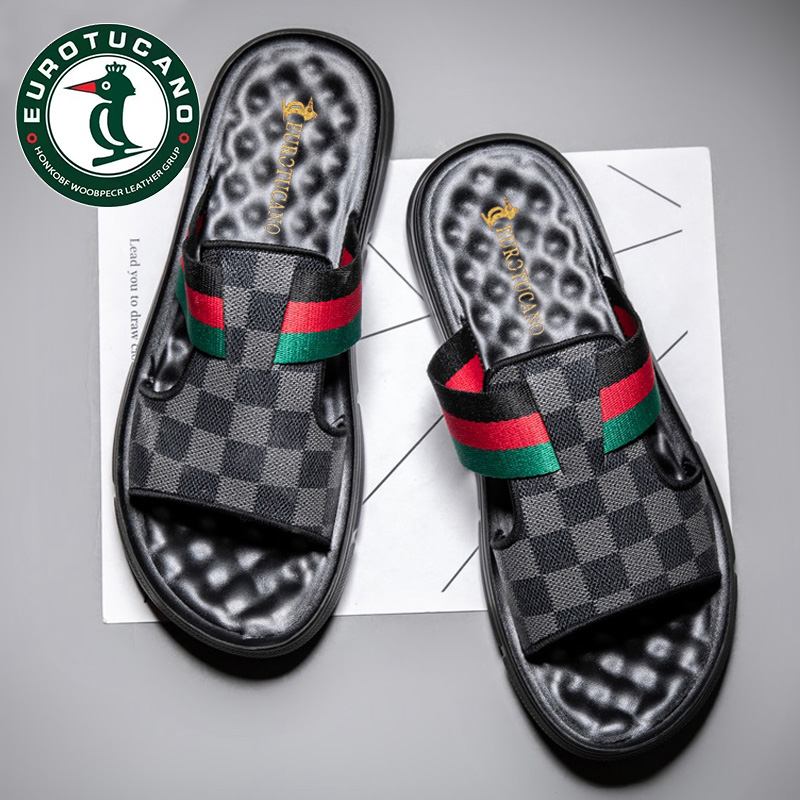 新款男士休闲格子沙滩鞋厚底防滑凉鞋凉拖鞋外穿两用夏季男鞋潮流