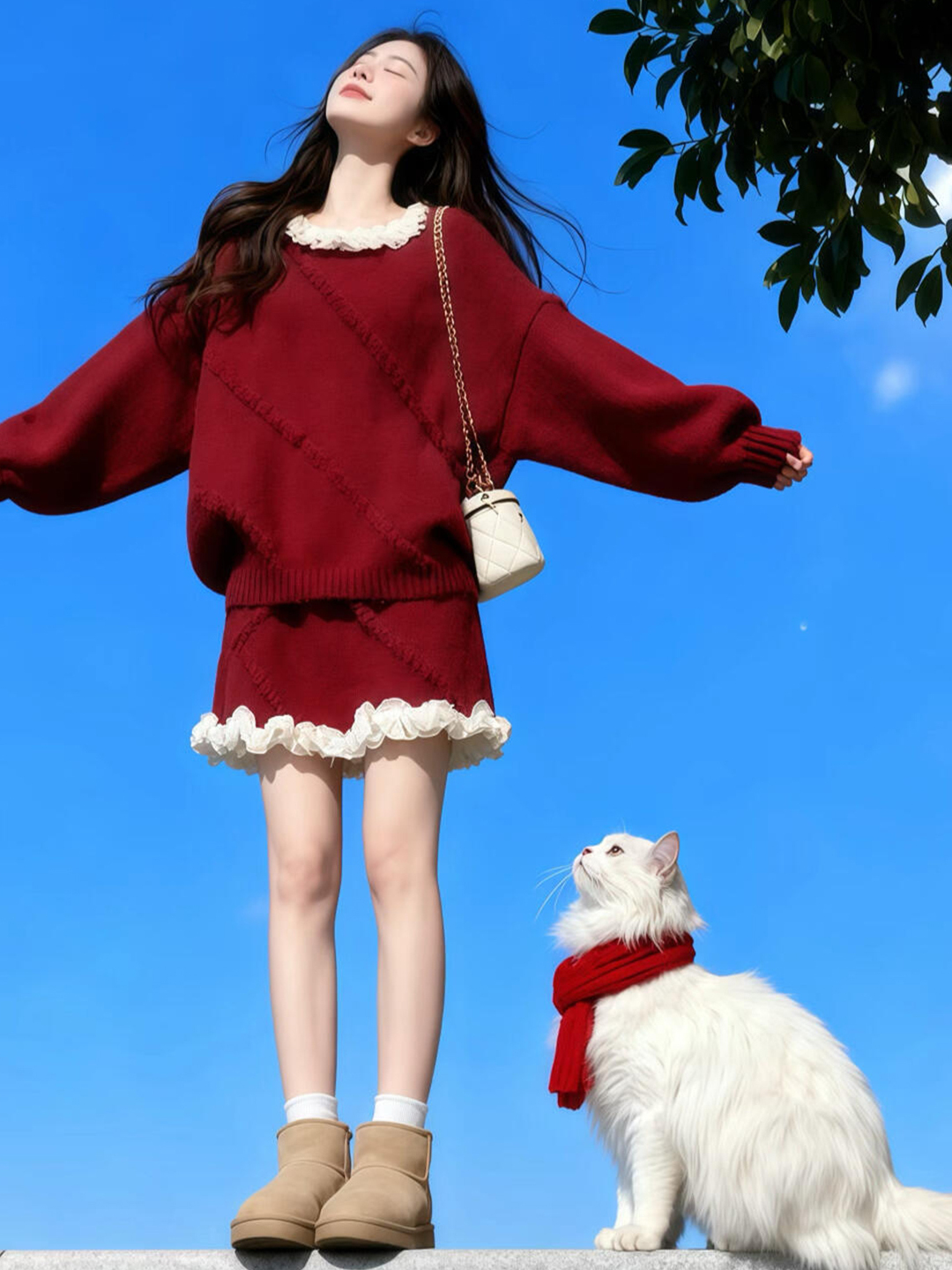 独特漂亮绝美小套装温柔风复古红色针织上衣a字短裙两件套2025冬