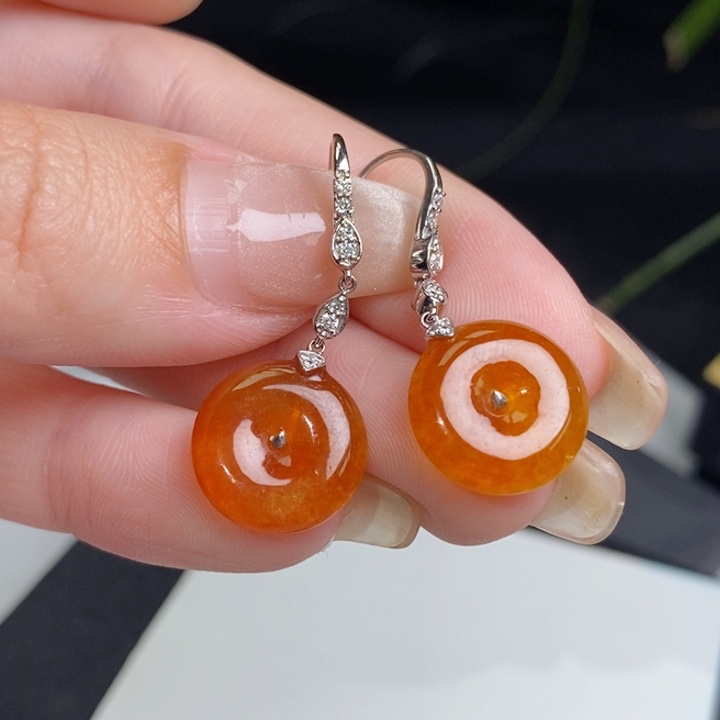 翡翠18K金镶嵌耳饰冰蜜橘红翡小扣子