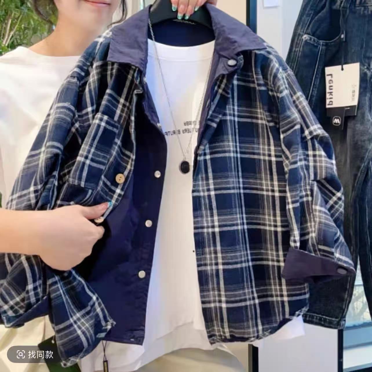 A5978男女童时髦洋气潮流休闲百搭春秋季假两件格子衬衫