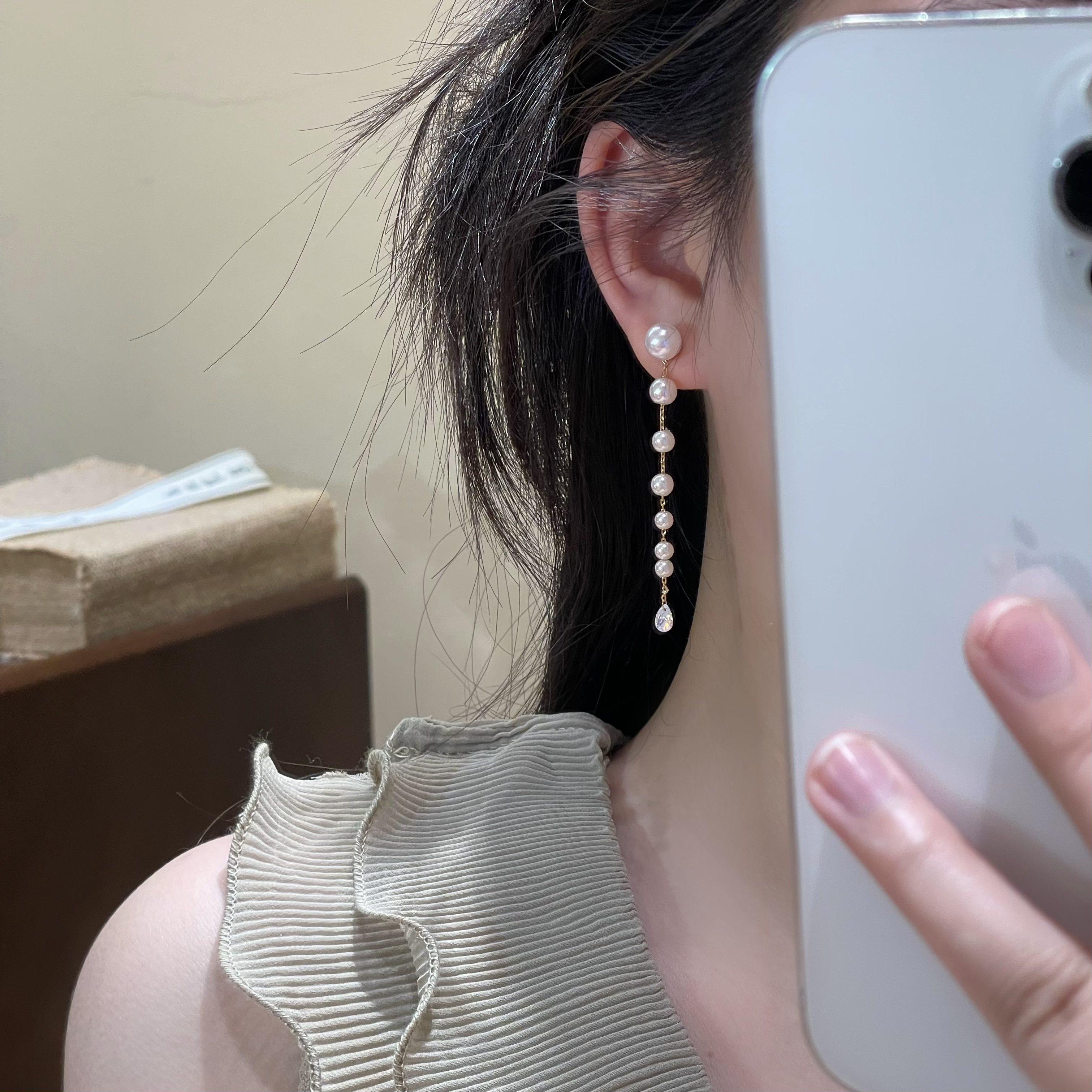 珠珠拼接长流苏耳钉简约时尚温柔轻奢气质法式F475