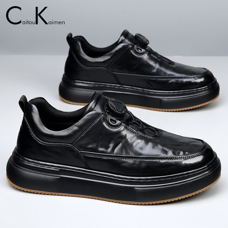 皮鞋男真皮商务休闲男士科技纽扣免系带厚底百搭潮流休闲运动皮鞋