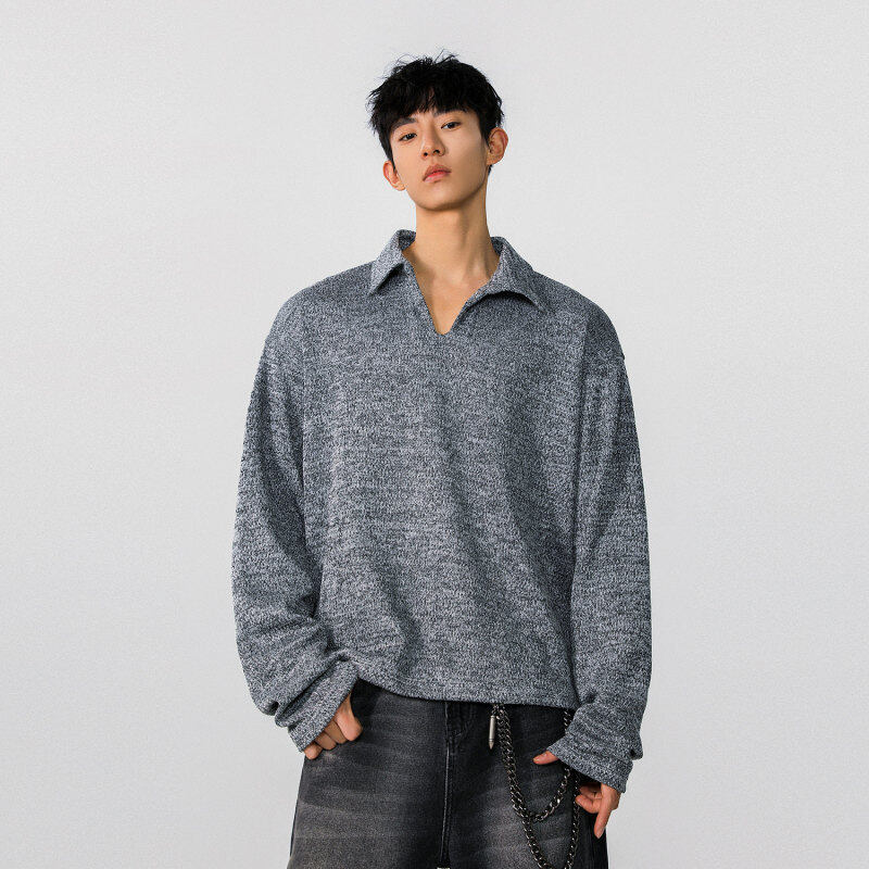 Sialoss麦穗v领卫衣男款2025早秋cleanfit美式休闲宽松百搭上衣